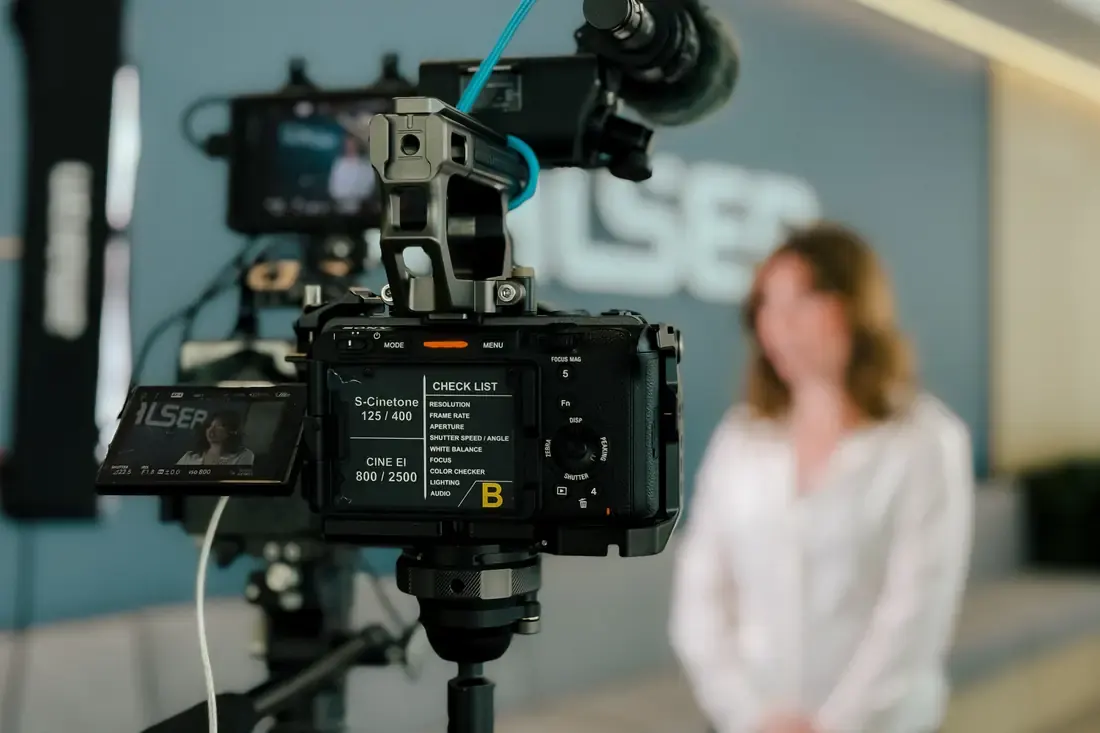 Cinema camera set on an interview subject on location
